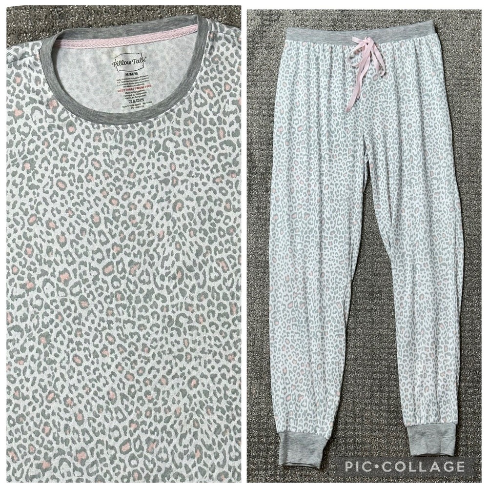 Pillow Talk Pajama Set White/Gray/Pink Animal Print -Medium - Long Sleeve+Pants